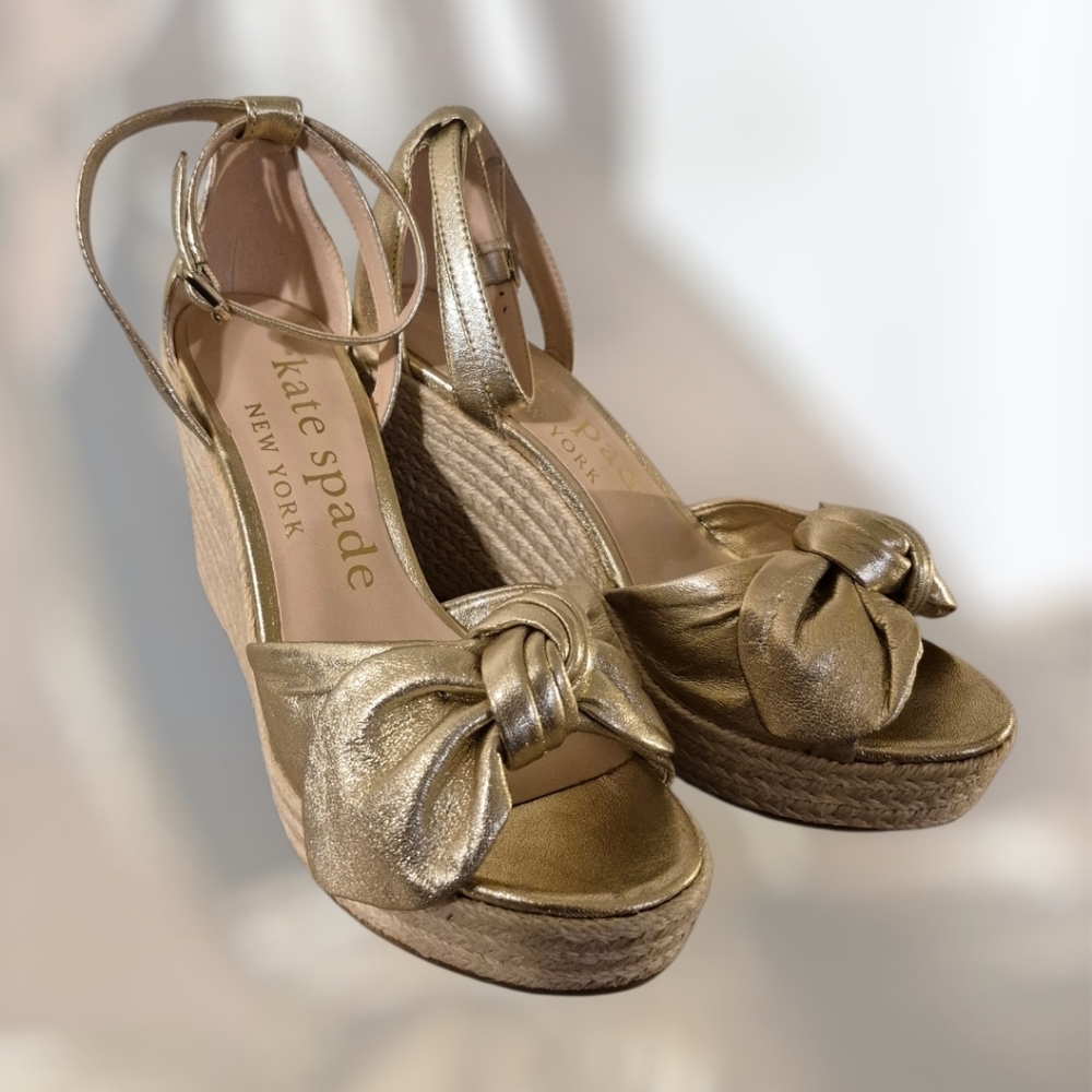 Kate Spade Pale Gold New York Tianna Espadrille Leather Wedges 6B NEW